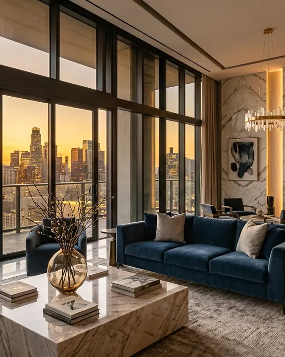 Premium penthouse interior with skyline view