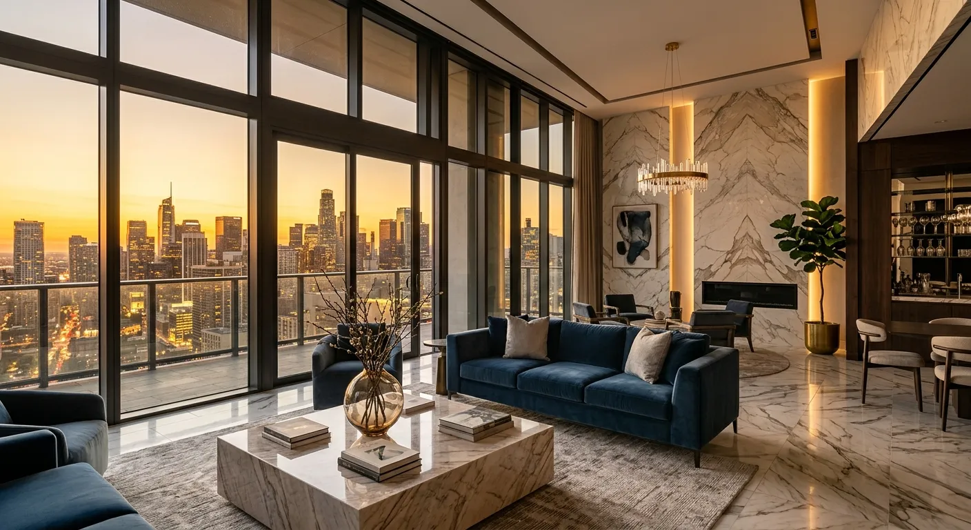 Luxuriöses Penthouse-Interior mit Panoramafenstern und Skyline-Blick